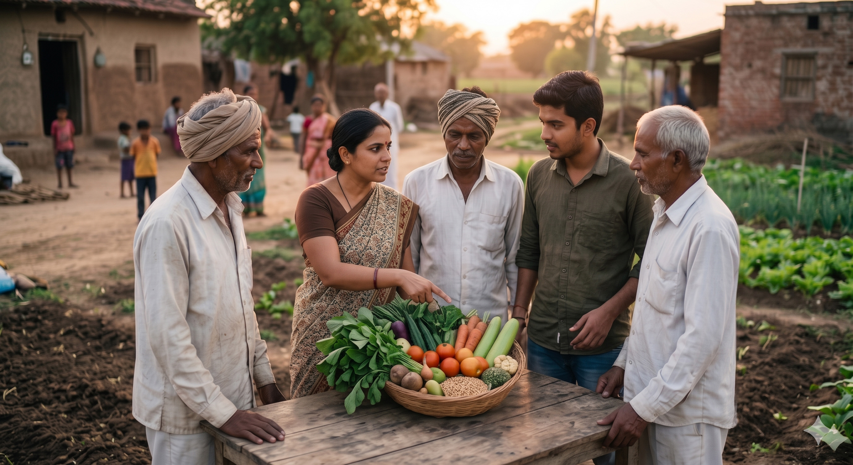 Community members discussing clean food with fresh vegetables