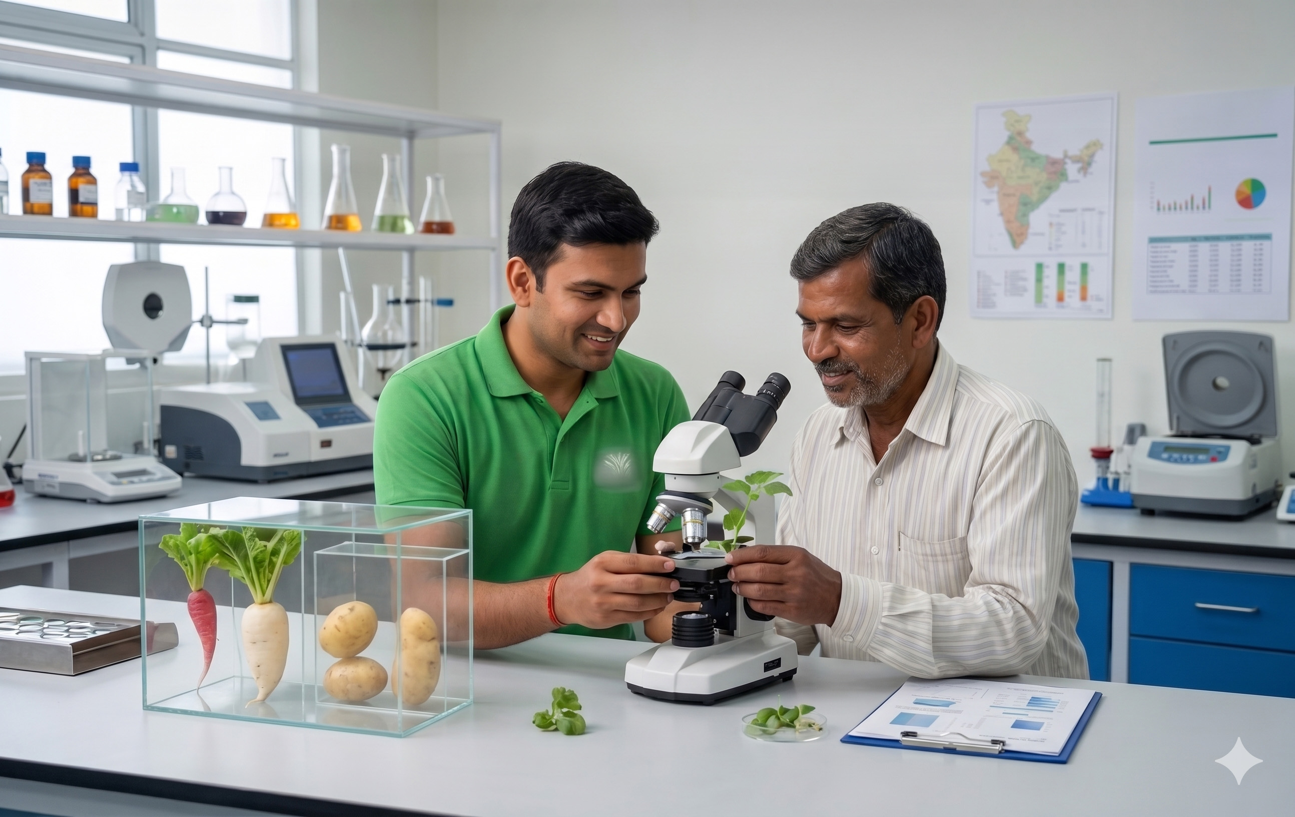 Researchers examining crop samples in a lab